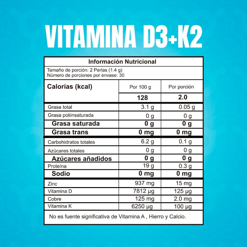 Tabla Nutricional Vitamina D3 + K2 Proscience